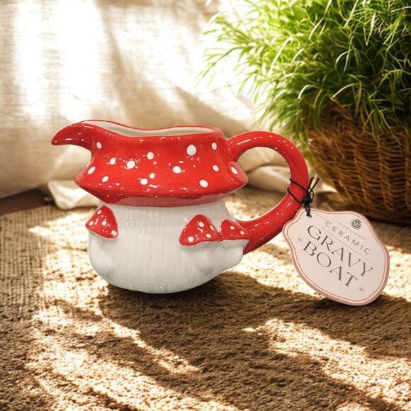 Vintage Mushroom Ceramic Gravy Boat, Whimsical Kitchen Serveware, 7.2'' - Picture 2 of 3